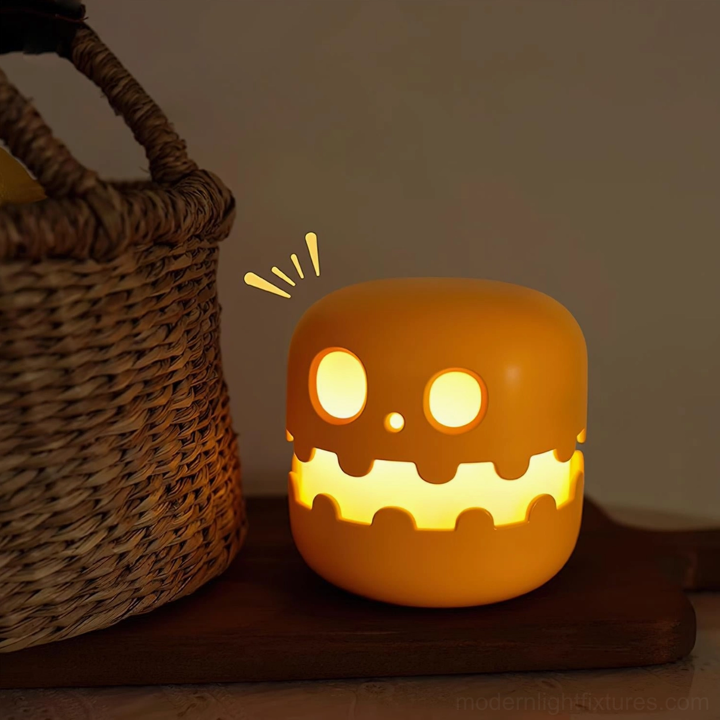 Orange pumpkin lamp emitting warm 3000K white light, cozy ambiance creation