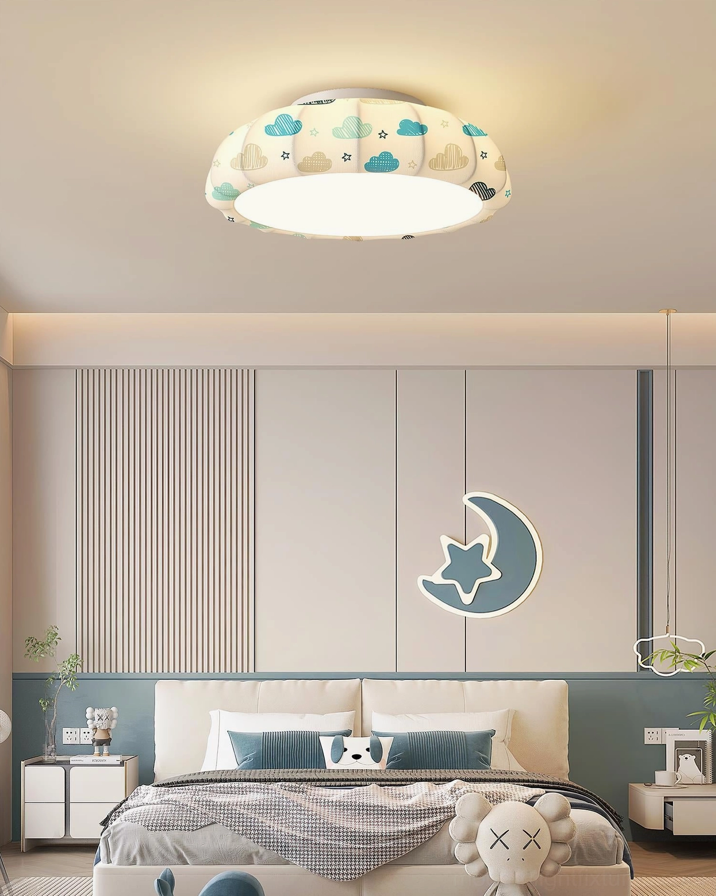 Detail shot of whimsical pumpkin ceiling light shade featuring playful bear and bow textile design with integrated LED warm white lighting