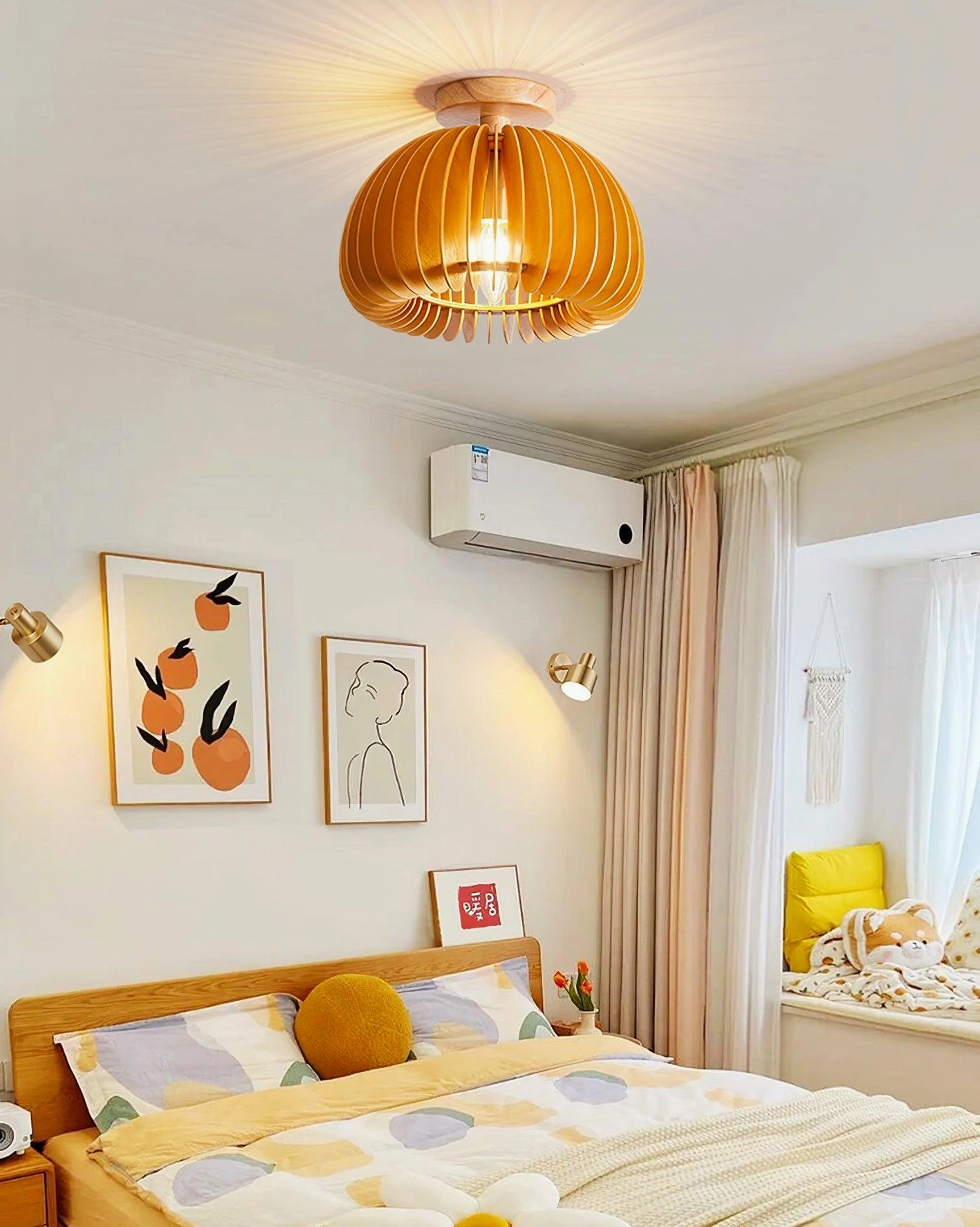Contemporary bedroom with layered wood pumpkin ceiling light in minimalist interior design
