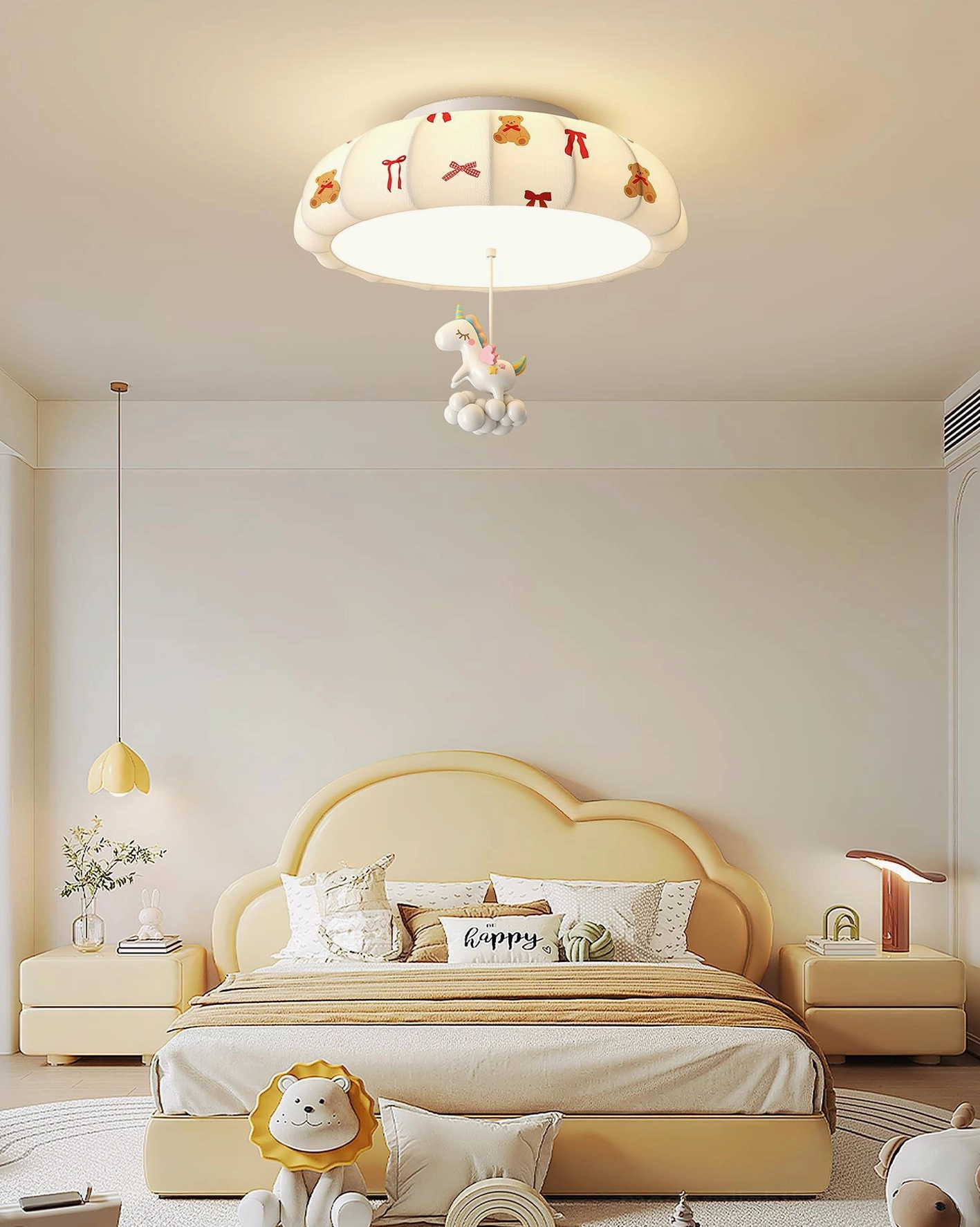 Modern bedroom with curved headboard featuring pumpkin ceiling light with bear and bow prints, small suspended unicorn figurine decoration