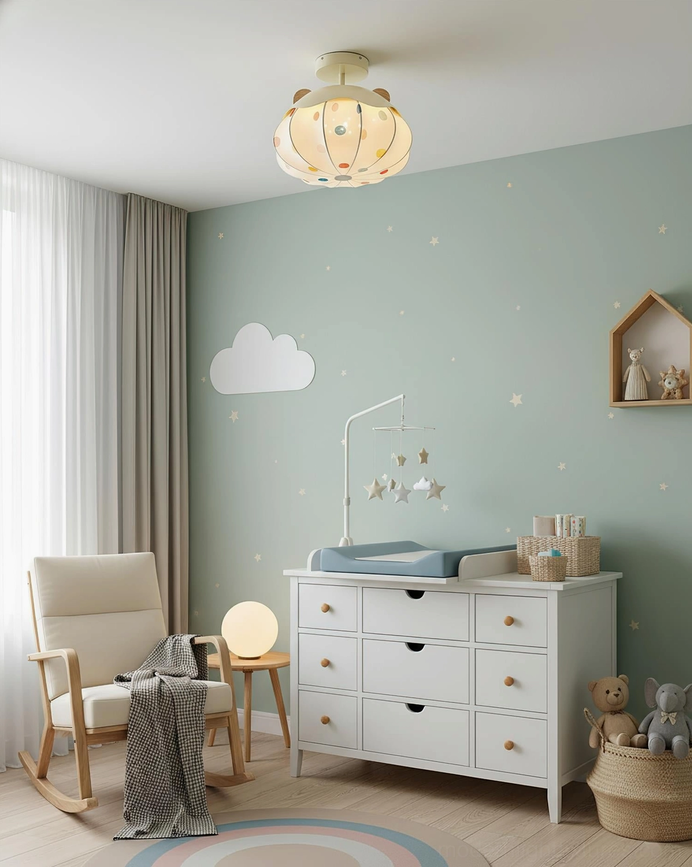 Nursery ceiling light pumpkin shape in minimalist room with star cloud theme and soft warm lighting