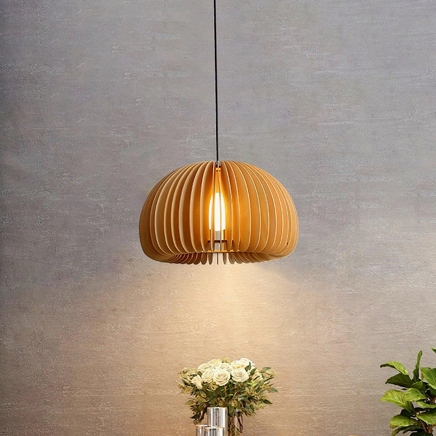 Pumpkin pendant lamp natural wood with E26 E27 socket universal voltage compatibility
