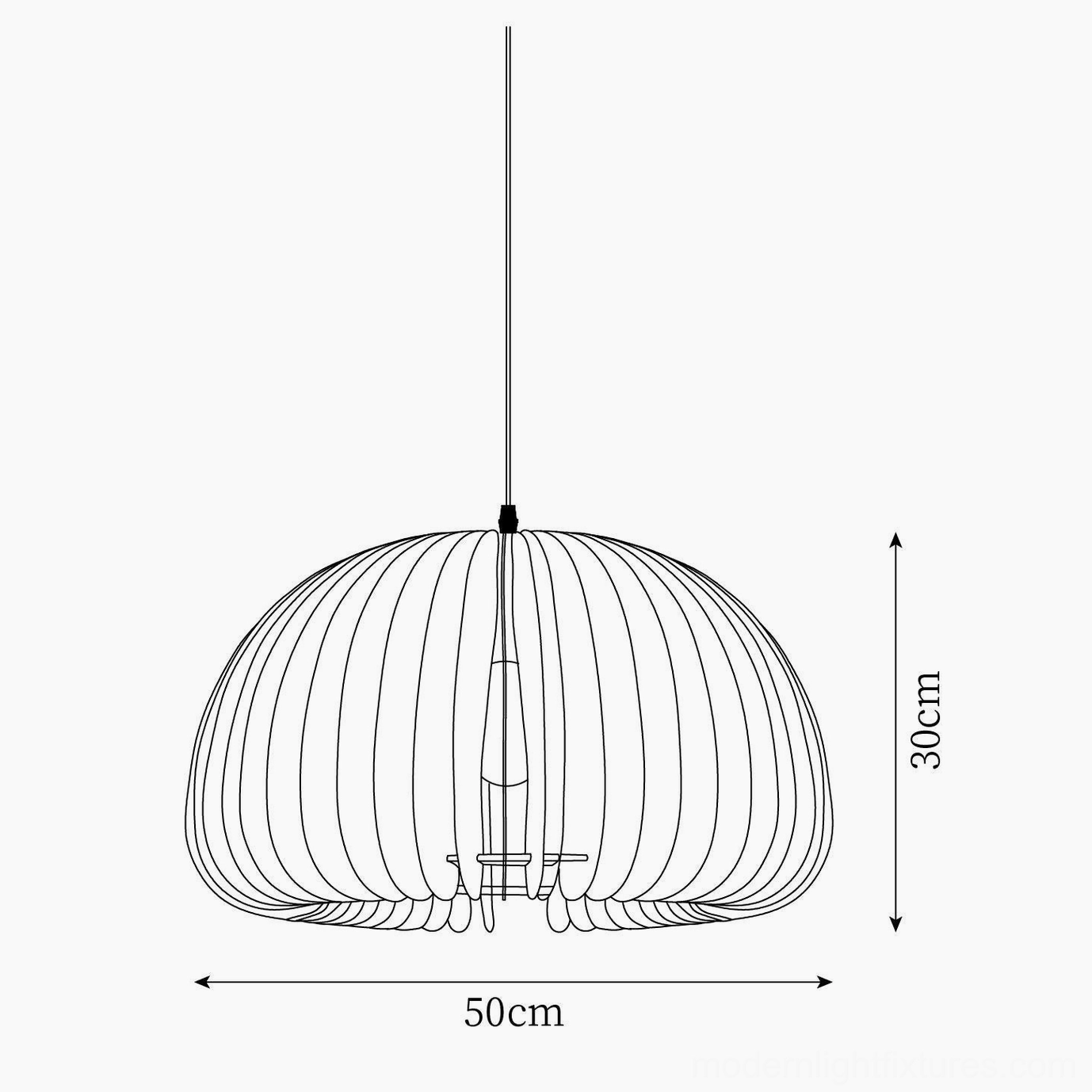 Technical drawing of pumpkin pendant lamp showing 50cm diameter and 30cm height dimensions