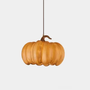Handcrafted pumpkin pendant light with wood-grain finish, front view on white background