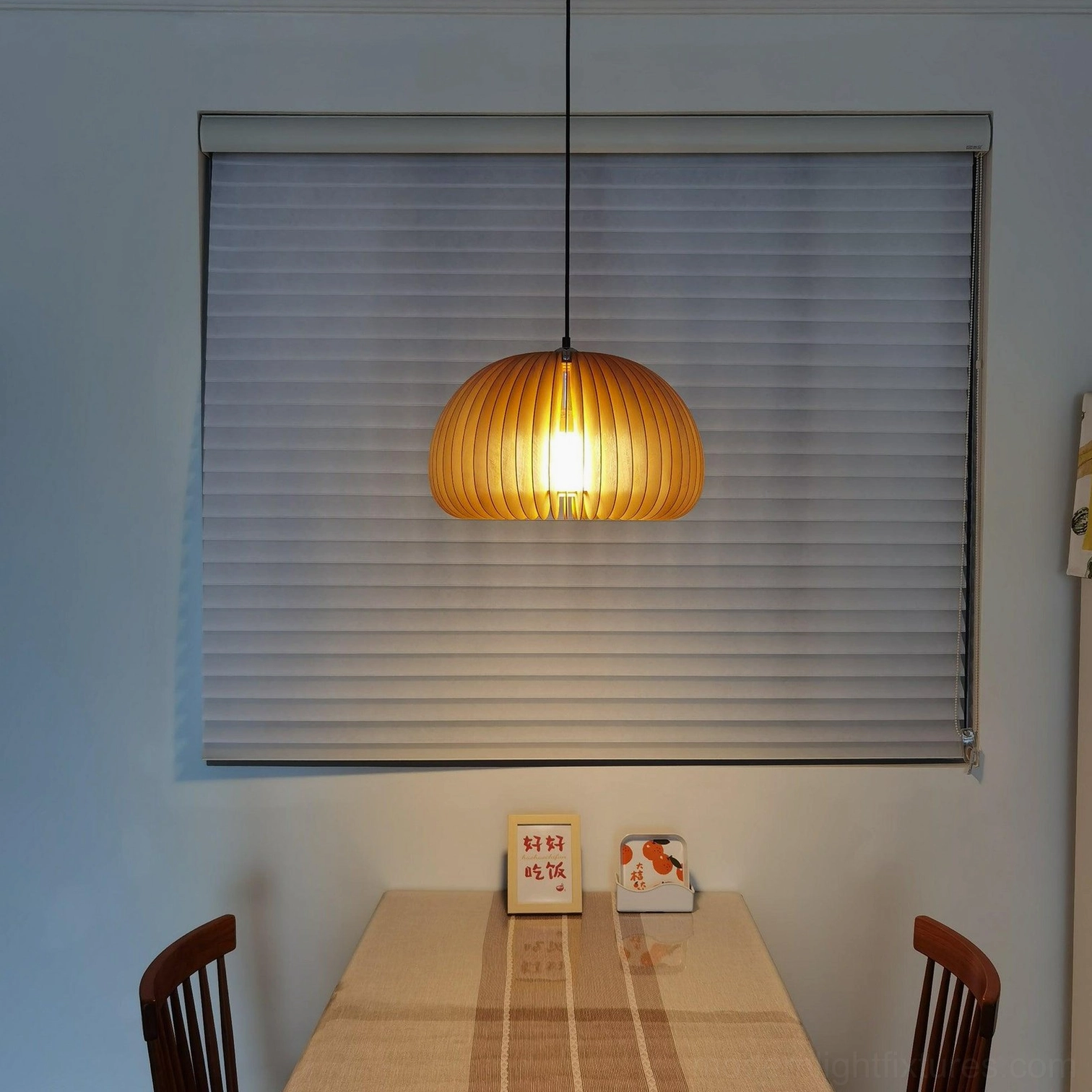 Pumpkin pendant lamp wooden shade with vertical slat construction natural finish