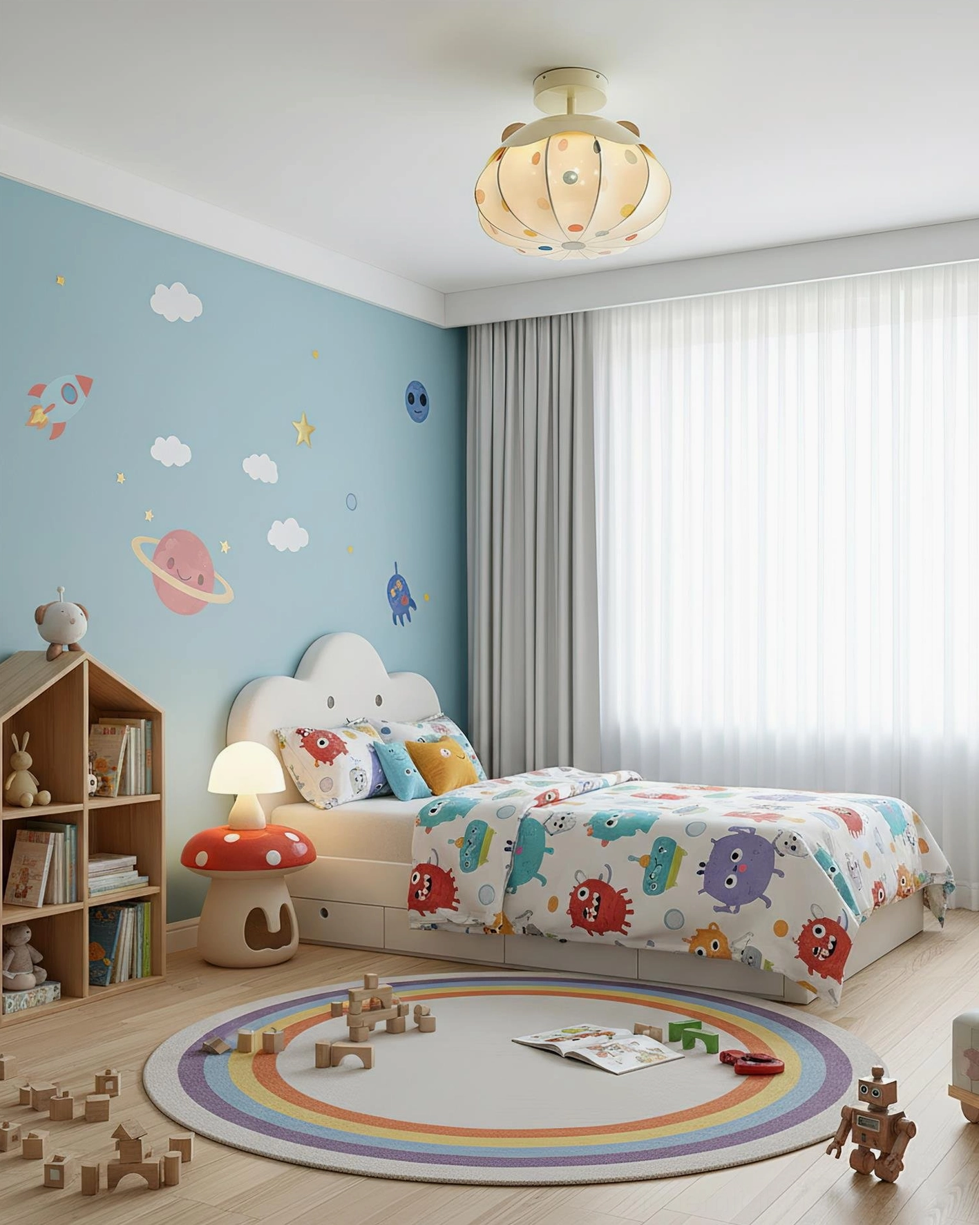 Pumpkin shaped kids ceiling light fixture with polka dot pattern and warm beige finish