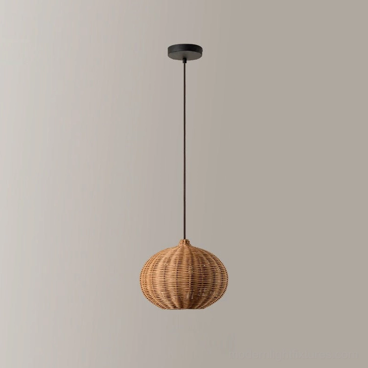 Pumpkin rattan pendant light shade detail, showing hand-woven natural fiber ribbed texture and warm honey tone