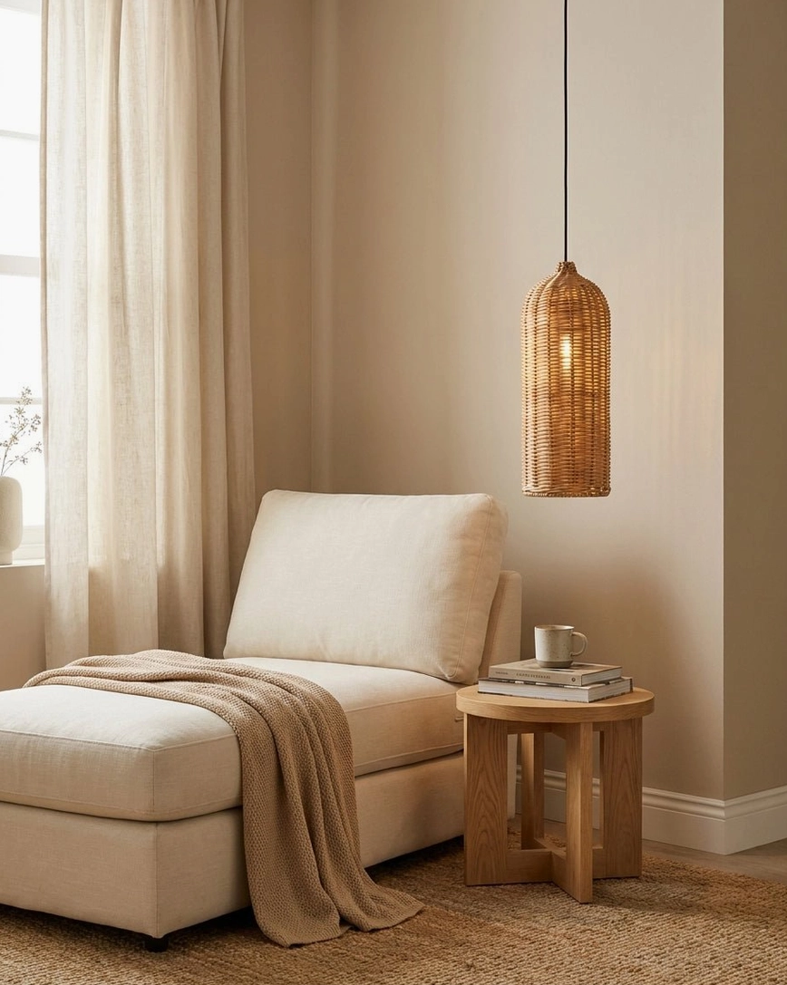Pumpkin-shaped hand-woven rattan pendant light with ribbed gourd profile, studio photography showing natural rattan color