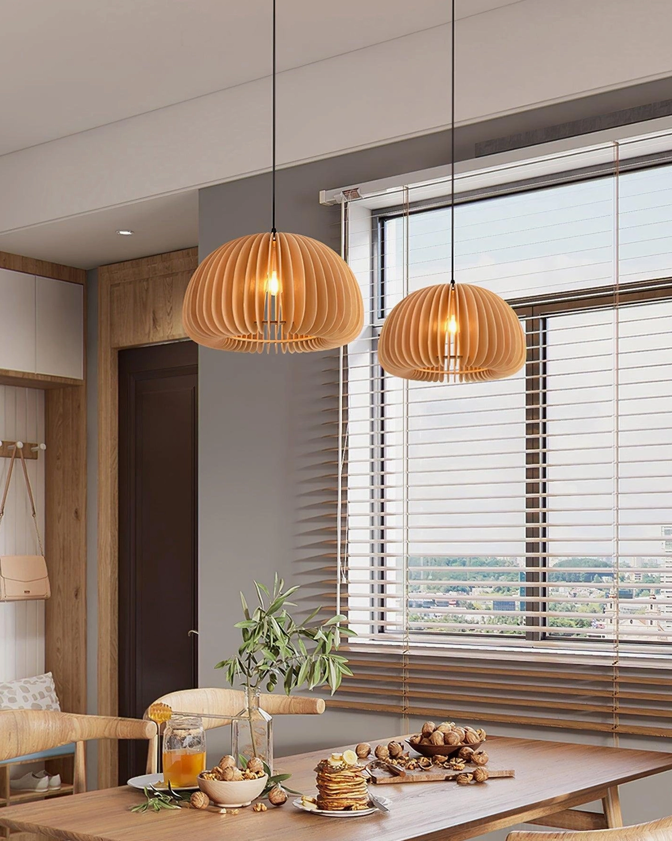 Wood pumpkin pendant light with vertical slatted design - modern hanging lamp detail view
