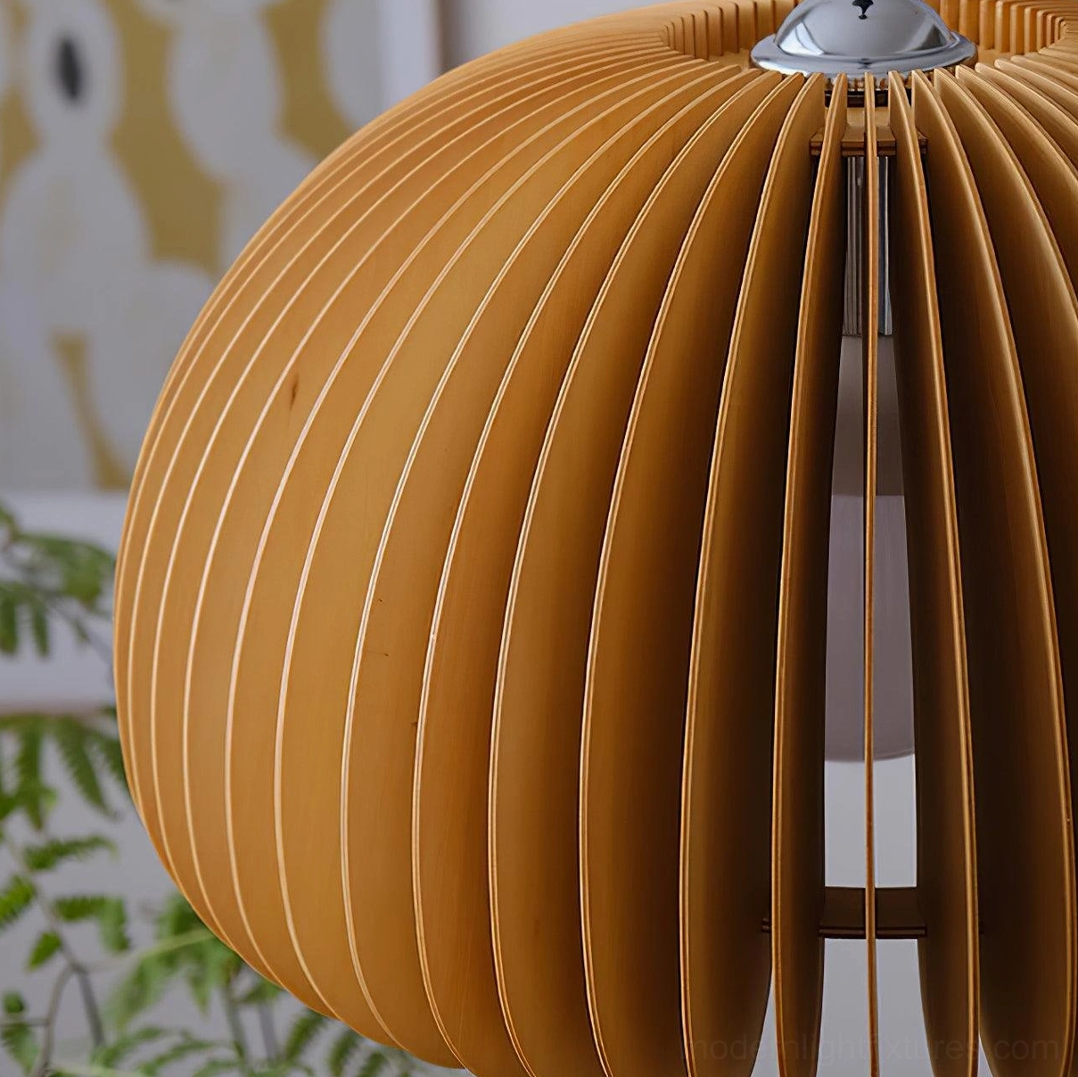 Wood pumpkin hanging lamp with exposed filament bulb and wabi-sabi aesthetic appeal