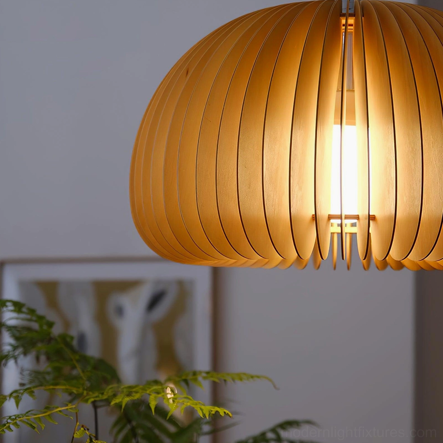 Natural wood pumpkin hanging lamp sloped ceiling compatible installation ready