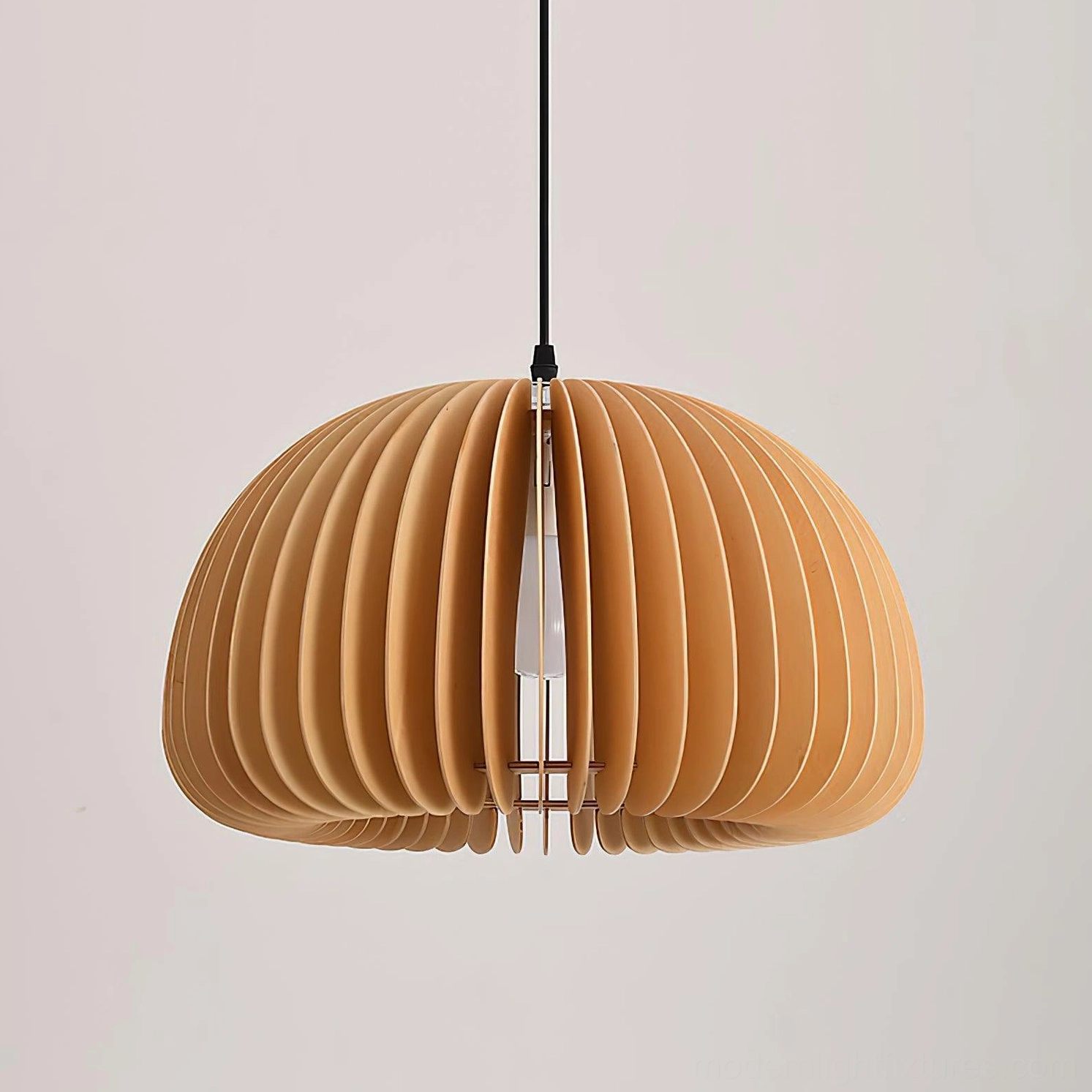 Wood pumpkin pendant light showing warm light diffusion and natural wood construction details