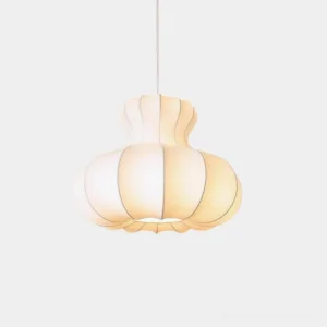 Pumpora organic gourd pendant light with warm fluted fabric shade glowing soft ambient light in studio setting