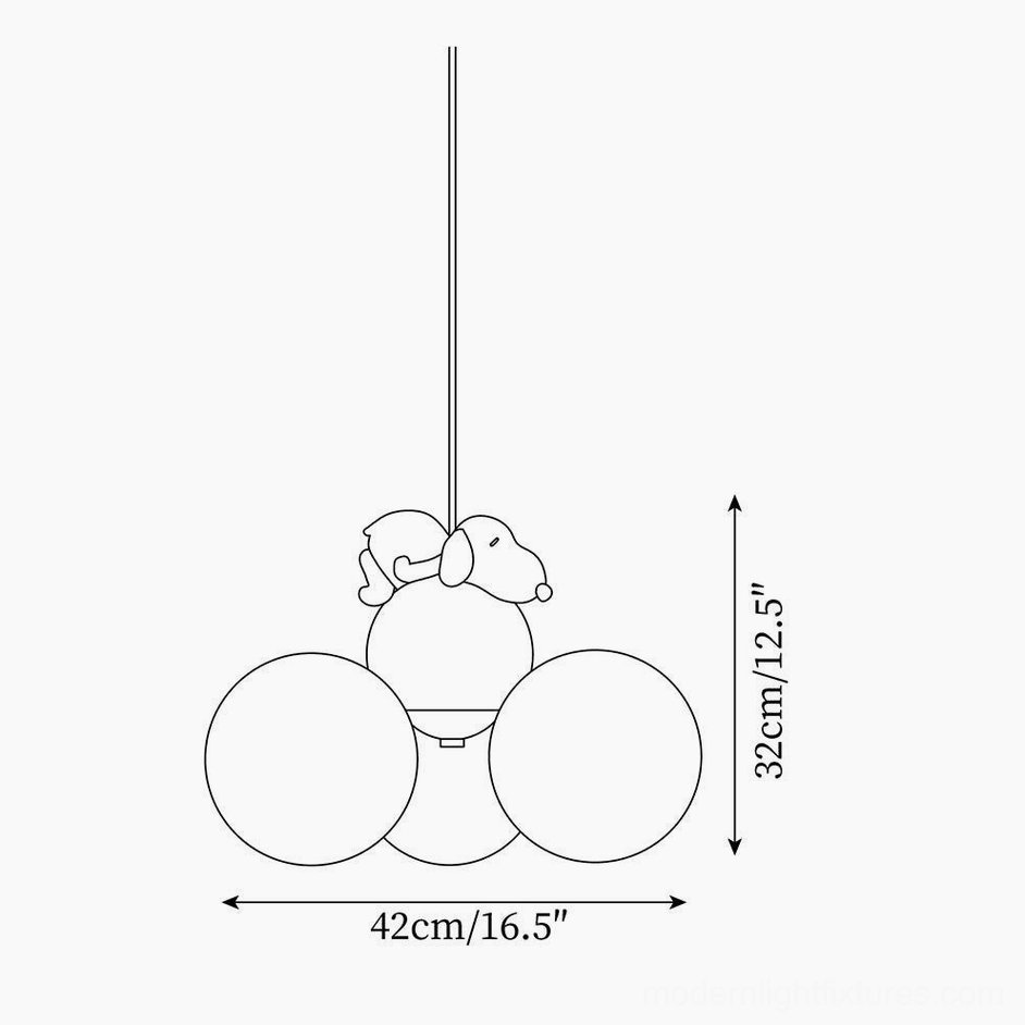 Puppy-themed animal pendant lamp orthographic design showing size specifications 42x32cm
