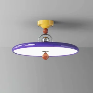Contemporary purple geometric disc ceiling light fixture with polished metal hardware detail