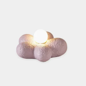 Purple floral bloom table lamp front view with integrated central bulb on white background