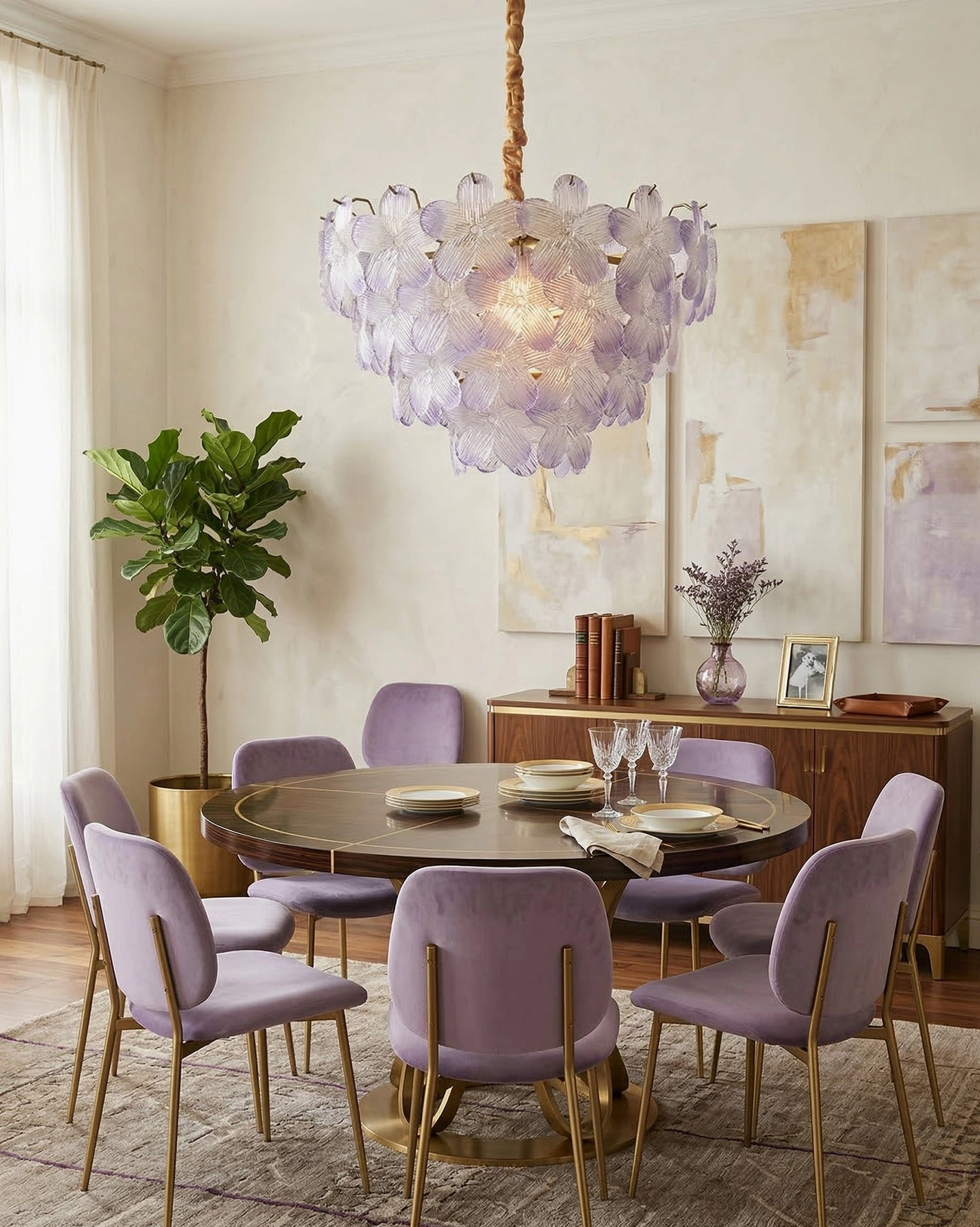 Purple floral glass chandelier in round dining room with lavender velvet chairs and warm lighting