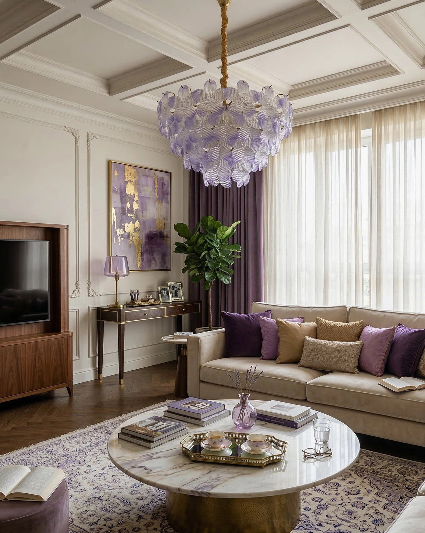 Purple frosted floral glass chandelier in luxury living room, botanical petal design, cozy home decor