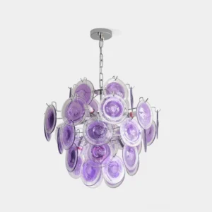 Purple handblown glass disc chandelier with chrome metal frame, spherical sculptural cluster design, front studio view isolated on white background