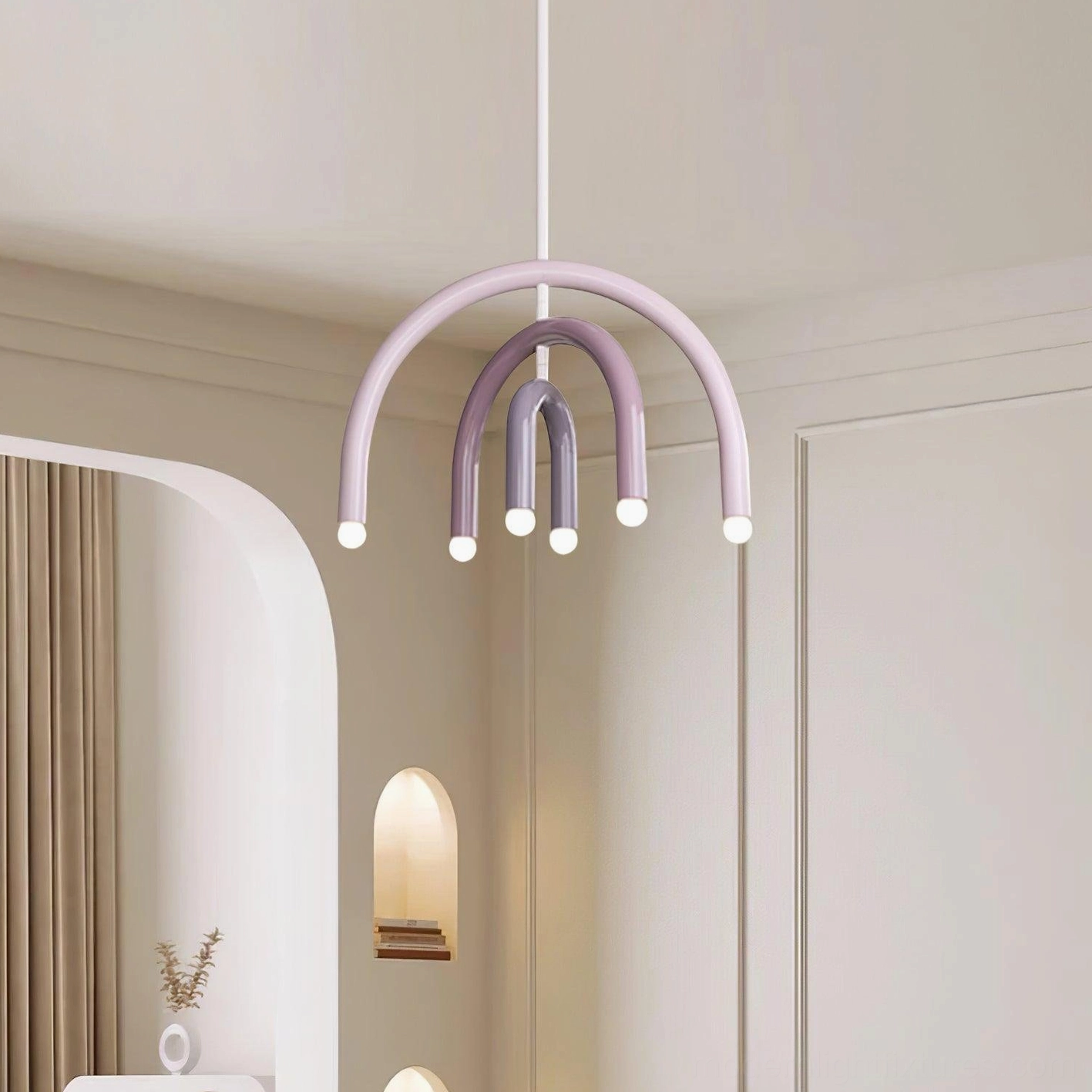 Purple gradient rainbow arc pendant lamp in minimalist modern bedroom with matte finish