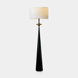 Putney geometric floor lamp with three-tier aluminum construction and beige linen shade, front studio view