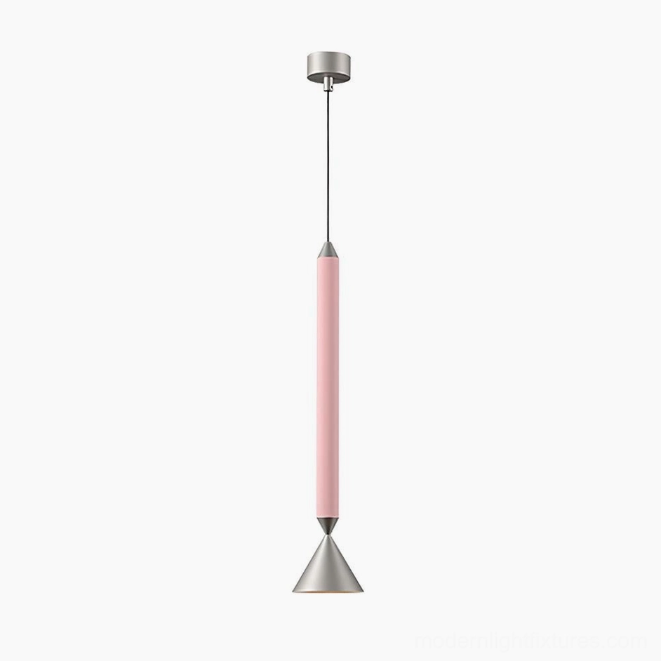 Chrome and pink Pylon pendant installed in contemporary space showing adjustable cord length flexibility