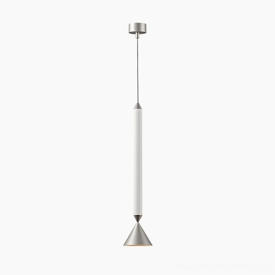 Chrome and white Pylon pendant light fixture, clean minimalist design with integrated LED technology