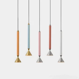 Pylon modern pendant light collection featuring multiple color combinations including chrome and gold finishes with colored cylinder options