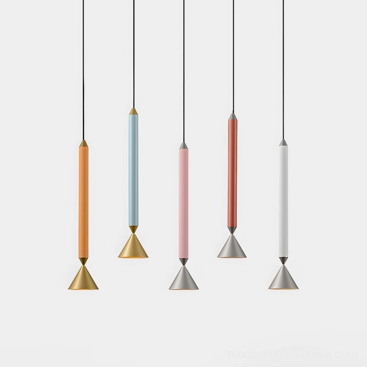 Pylon modern pendant light collection featuring multiple color combinations including chrome and gold finishes with colored cylinder options
