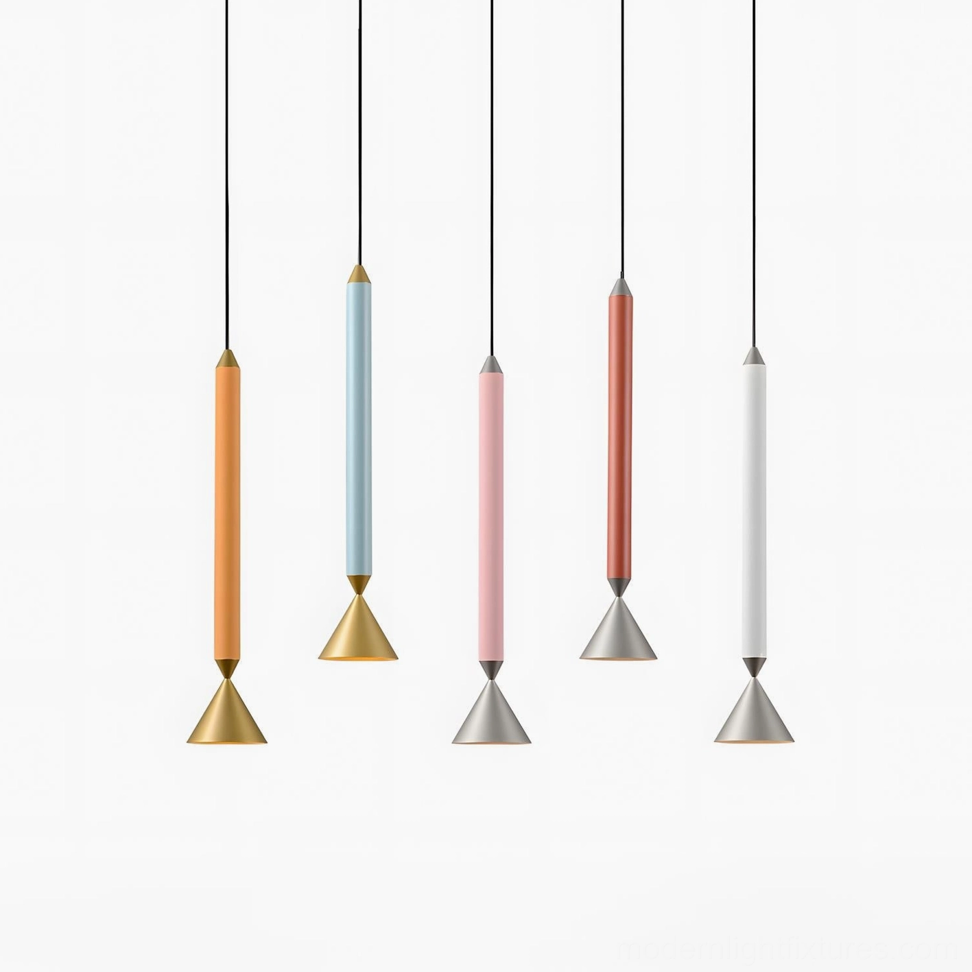 Pylon pendant light multi-color palette display with gold and silver metal finishes on white background