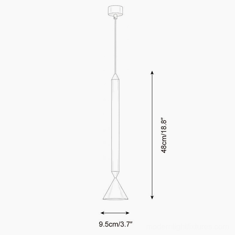 Pylon pendant light technical dimensions schematic showing 48cm height and 9.5cm width specifications