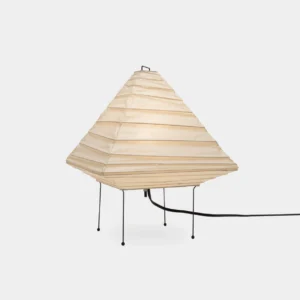 Pyramid paper table lamp with black metal frame on white background, showing geometric folded paper shade design