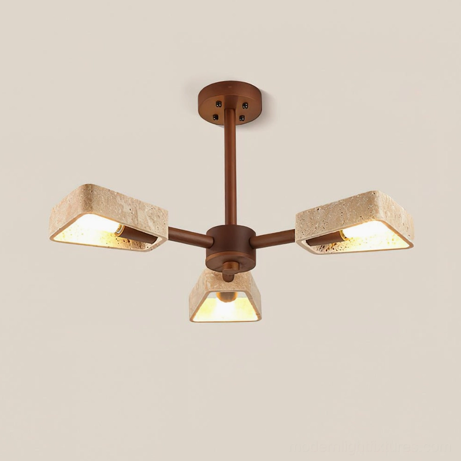 3-head Quadra travertine chandelier Walnut Color and Beige stone compact pendant fixture