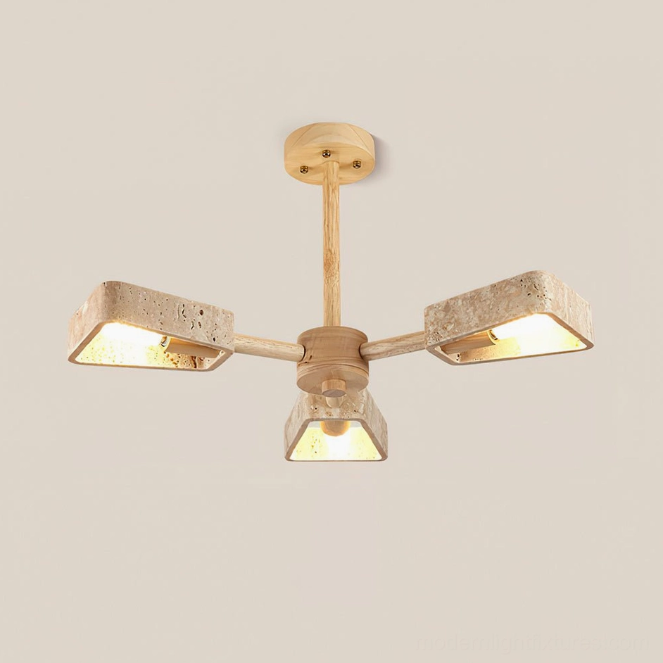 3-head Quadra travertine chandelier Wood Color and Beige finish in compact dining setting