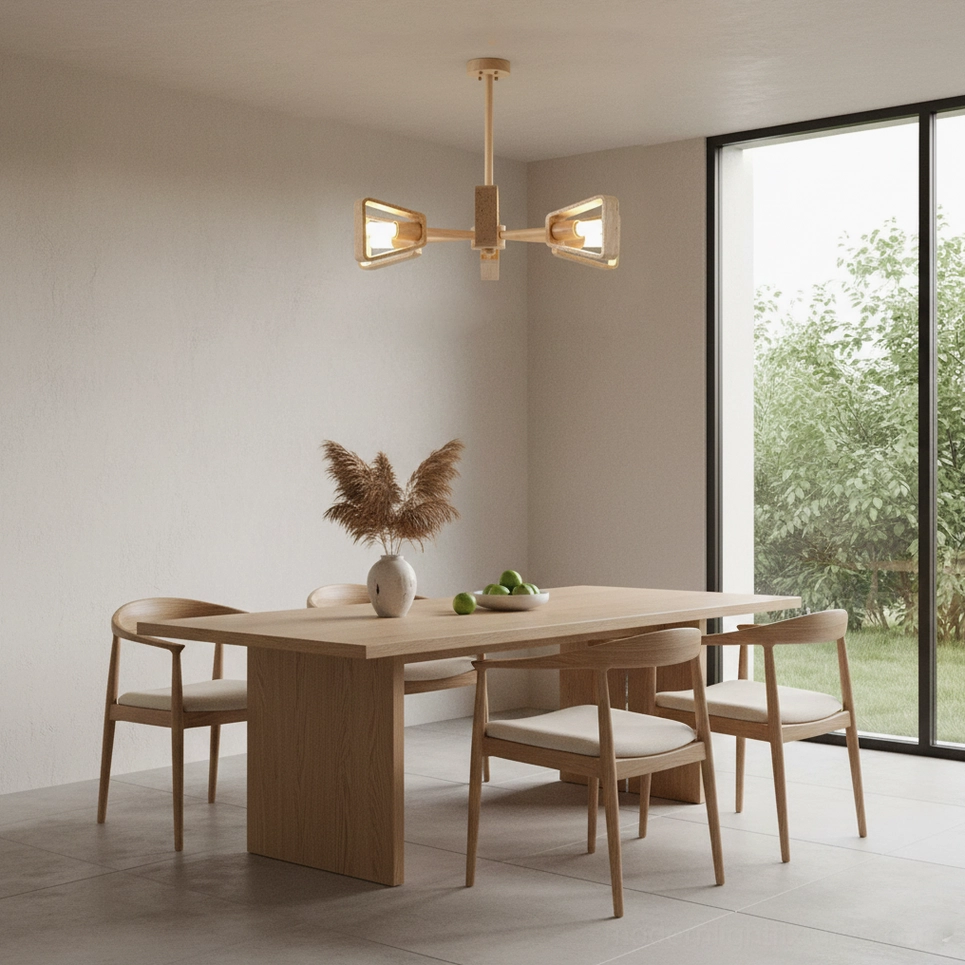 3-head Quadra sculptural chandelier in dining room interior with light wood frame and stone shades