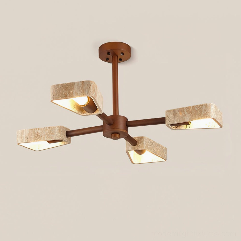 4-head Quadra travertine chandelier Walnut Color and Beige stone multi-pendant configuration