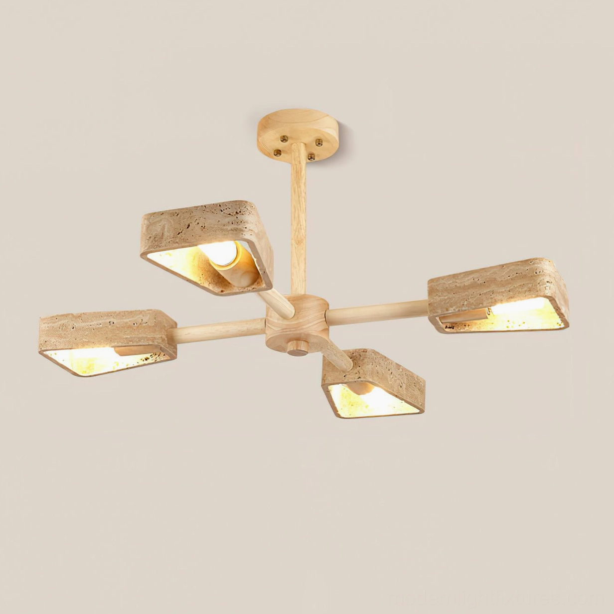 4-head Quadra travertine chandelier Wood Color and Beige configuration detail view