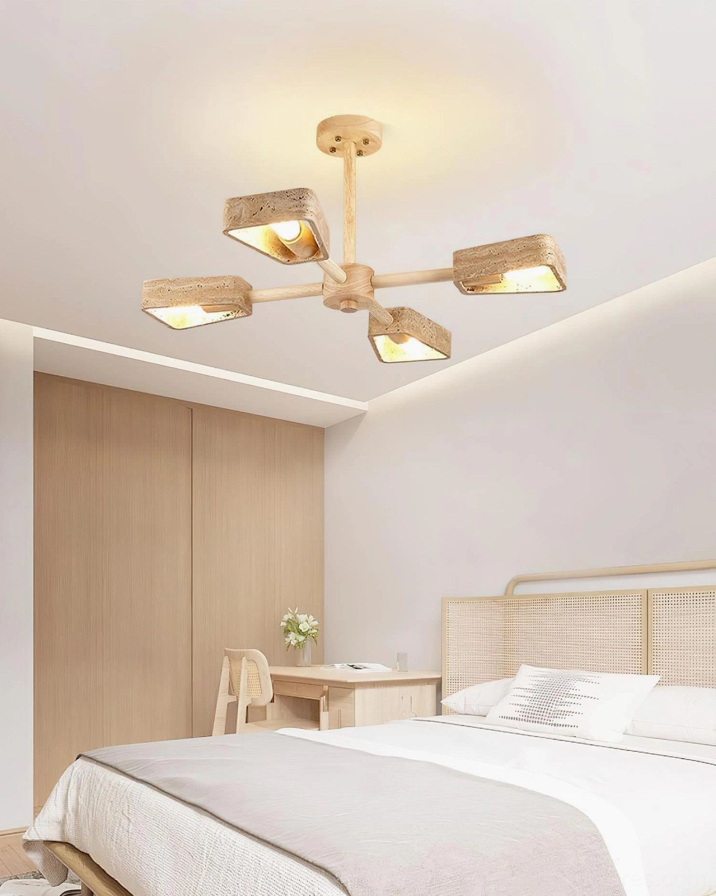 5-head Quadra modern chandelier ceiling view in bedroom with light wood frame and cozy minimalist style