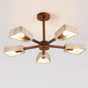 5-head Quadra modern travertine chandelier top-down close-up showing minimalist wabi-sabi design
