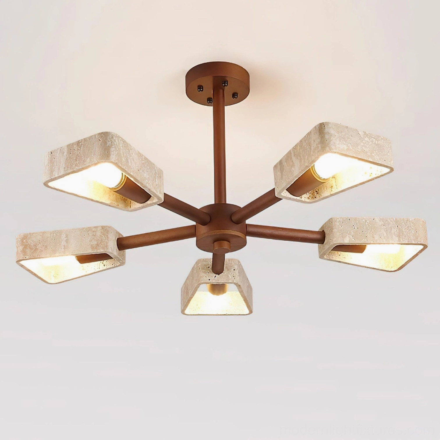 5-head Quadra modern travertine chandelier top-down close-up showing minimalist wabi-sabi design