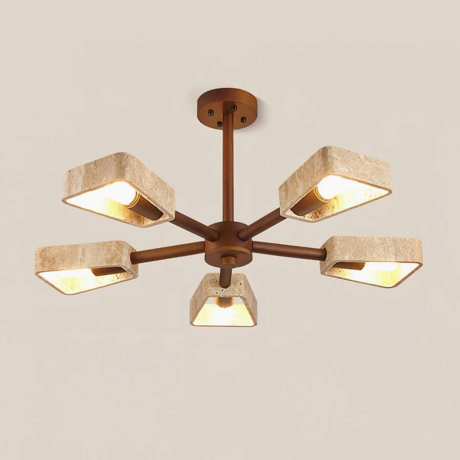 5-head Quadra travertine chandelier Walnut Color and Beige stone sculptural pendant