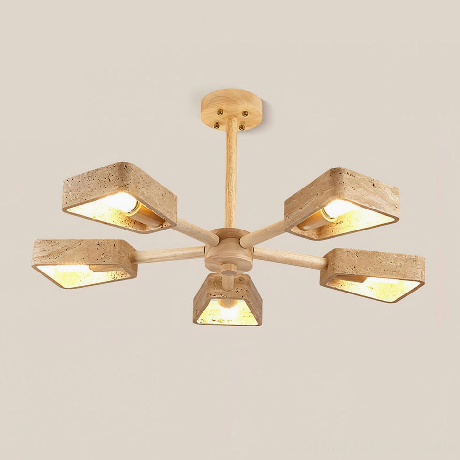 5-head Quadra travertine chandelier Wood Color and Beige stone sculptural pendant light