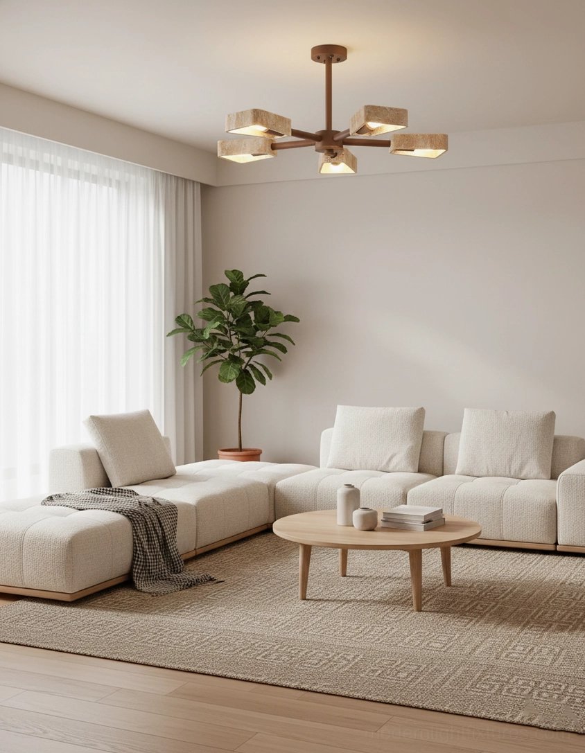 5-head Quadra travertine pendant chandelier in minimalist living room at ceiling level with warm lighting