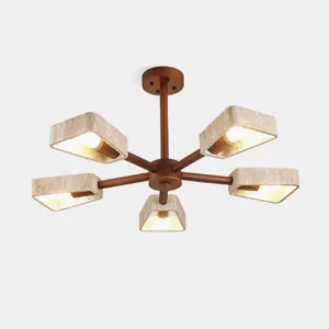 6-head Quadra travertine chandelier overhead flat view with walnut wood frame and natural stone shades