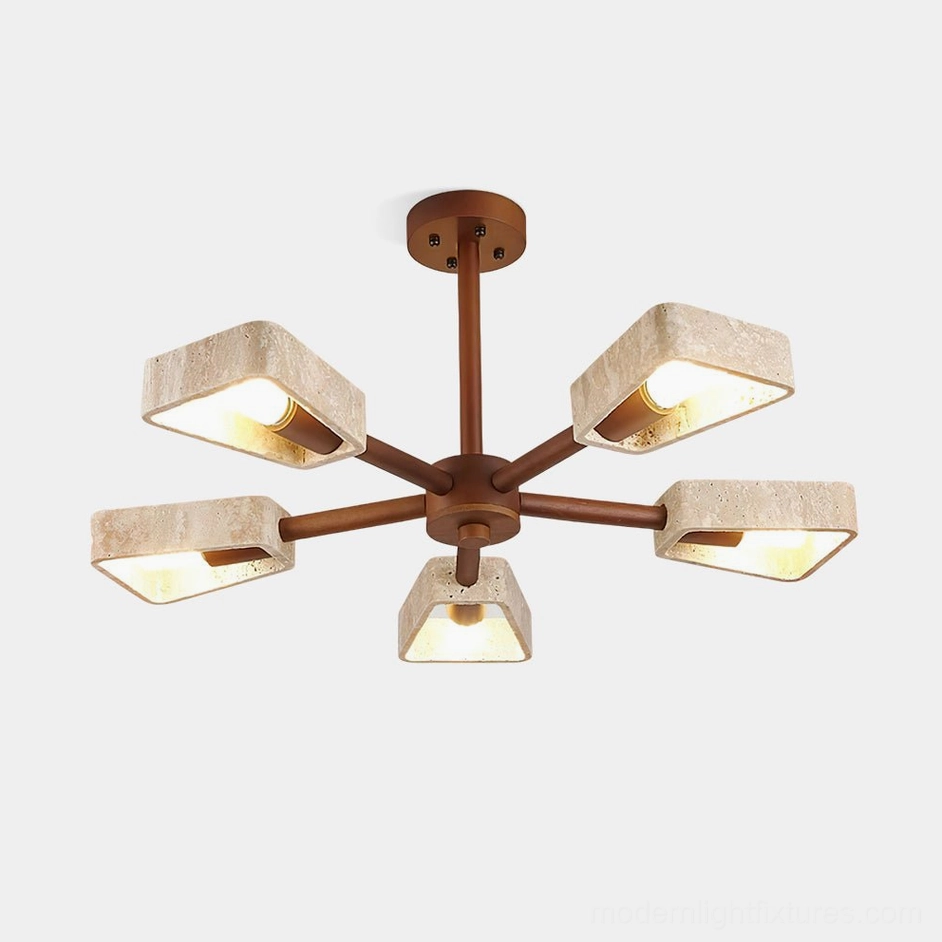6-head Quadra travertine chandelier overhead flat view with walnut wood frame and natural stone shades