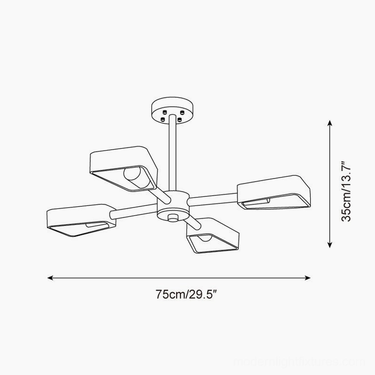 6-head Quadra chandelier orthographic top-view schematic with 75cm width and 35cm height measurements