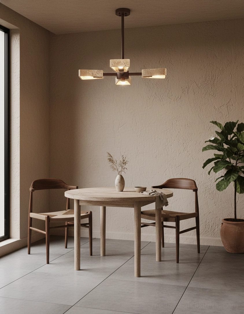 Quadra contemporary travertine chandelier architectural pendant with geometric shade placement