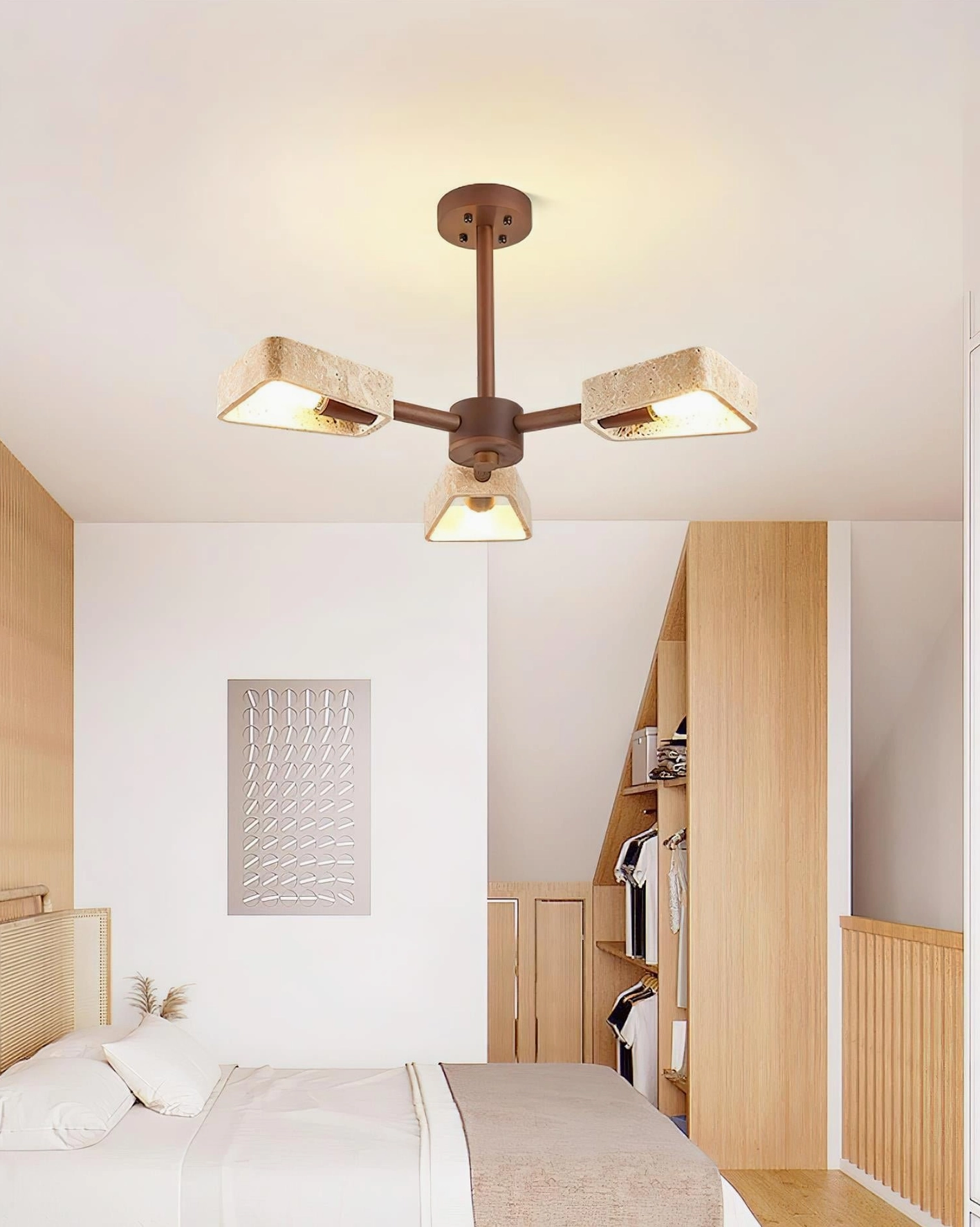 Quadra travertine chandelier multi-pendant showing minimalist brutalist design aesthetic