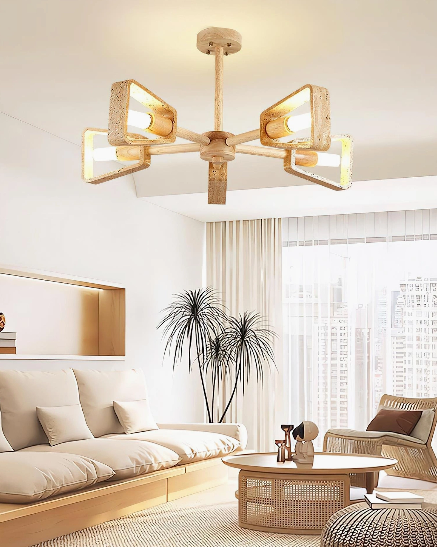 Quadra modern travertine chandelier showing full fixture installation and ambient room lighting