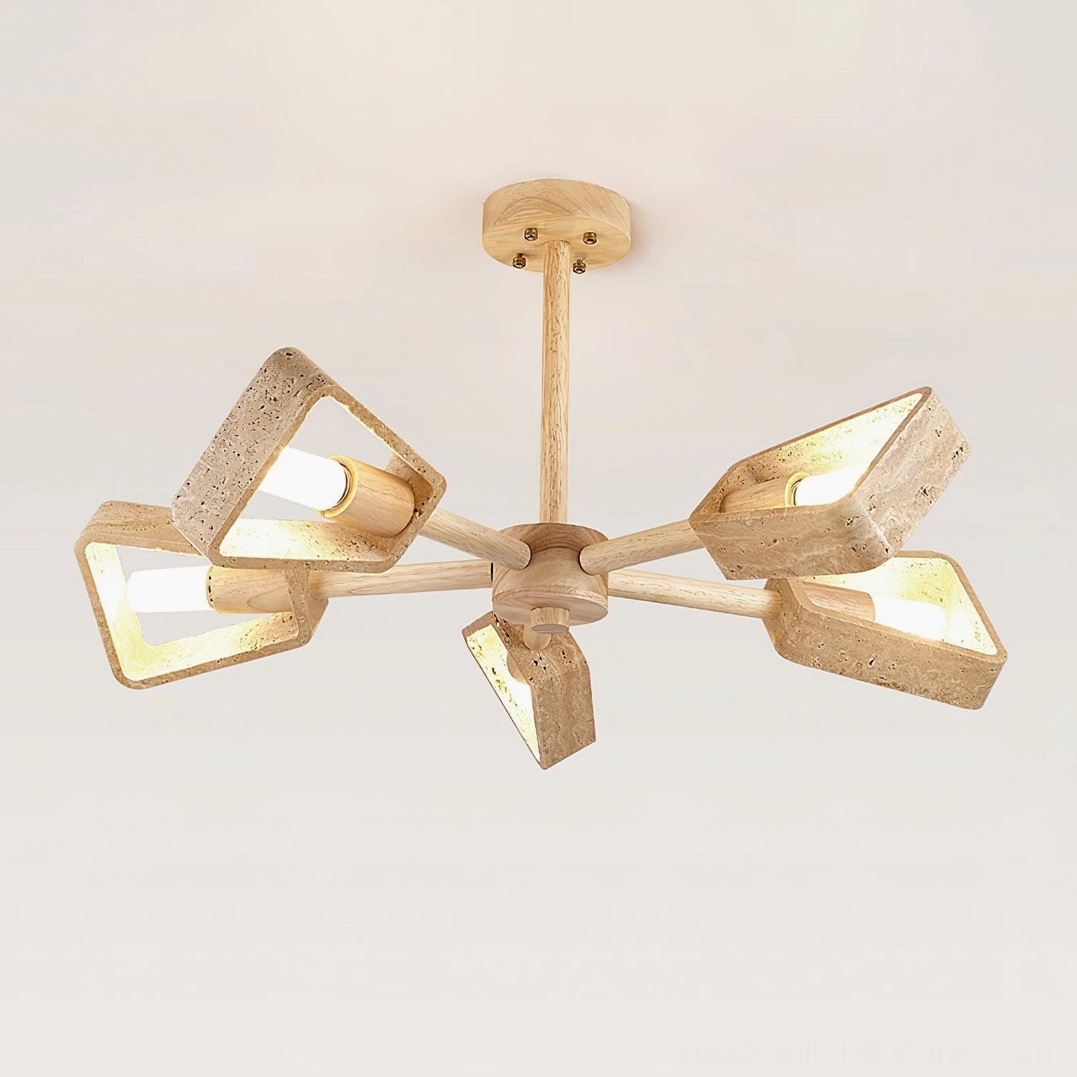 Quadra modern travertine chandelier showing multiple head configurations and lighting versatility